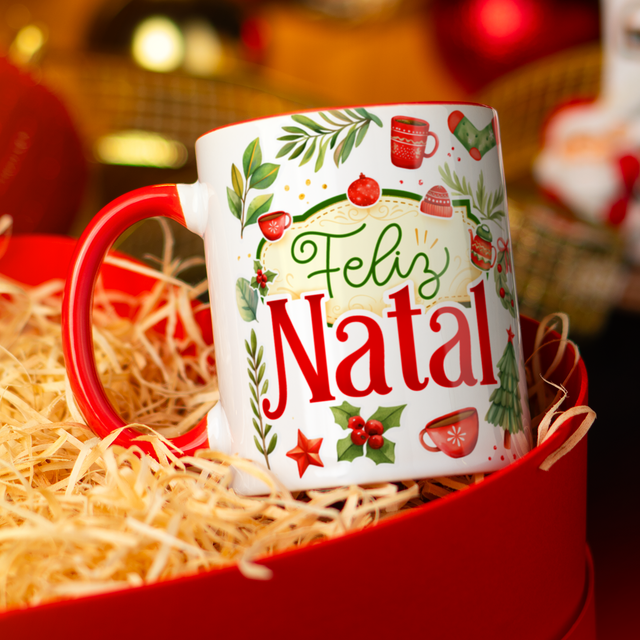 Caneca Personalizada "Feliz Natal" Alça Vermelha