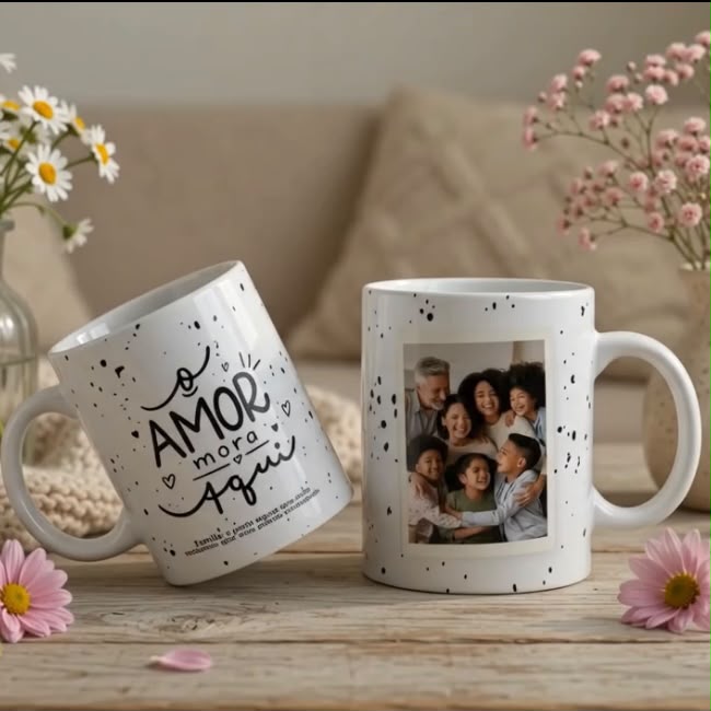 Caneca Porcelana o Amor Mora Aqui... (com a sua foto)