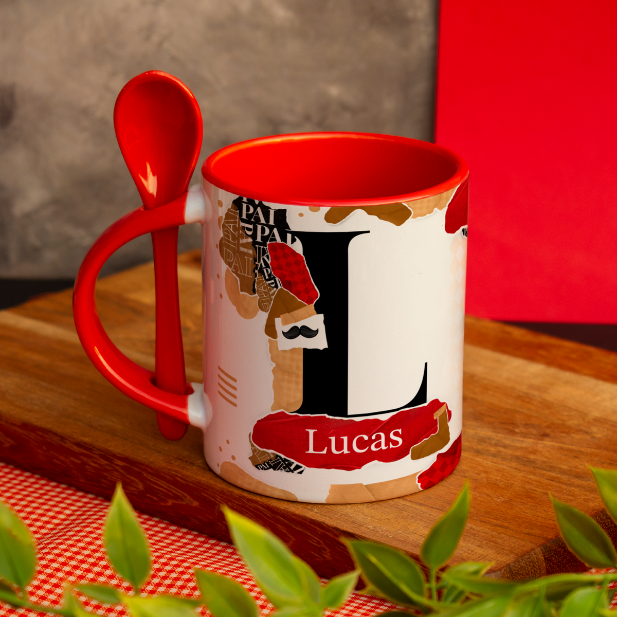 Caneca Dia dos Pais Alça Colorida e Colher Inicial e Nome