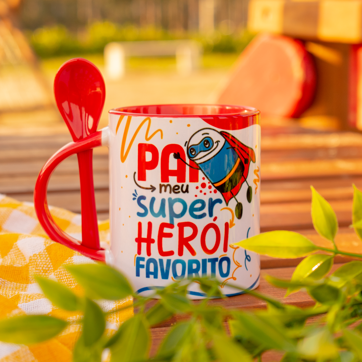 Caneca Dia dos Pais Alça Colorida e Colher Super herói