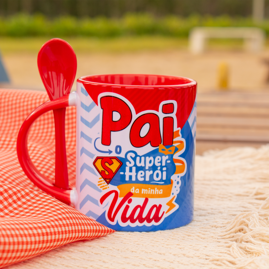 Caneca Dia dos Pais Alça Colorida e Colher Super-herói