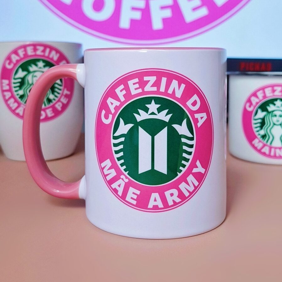 Caneca de Porcelana Cafezin Mãe Army Alça Rosa