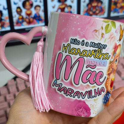 Caneca Porcelana Rosa Coração Mãe Maravilha