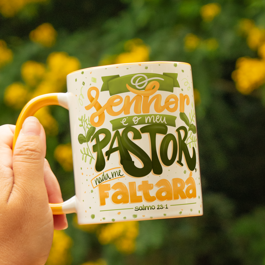Caneca Personalizada O Senhor é o Meu... Fundo e Alça Amarela