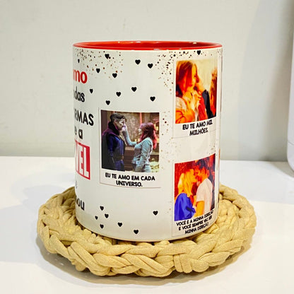 Caneca Namorados "7 Formas de Amar" com Alça de Coração e Interior Vermelho (Presente Romântico)