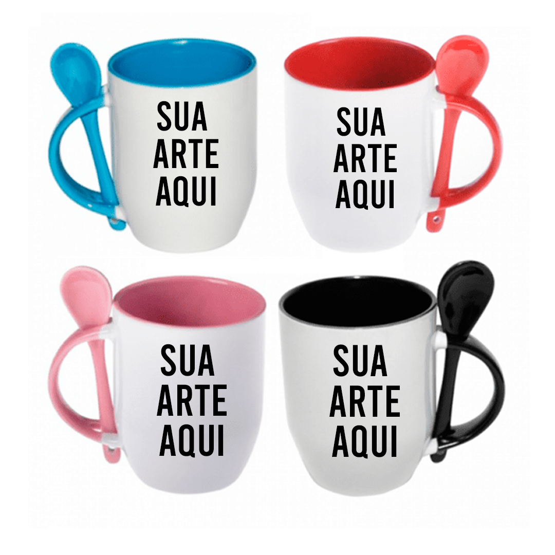 Caneca com Alça e fundo colorido e Colher Personalizada